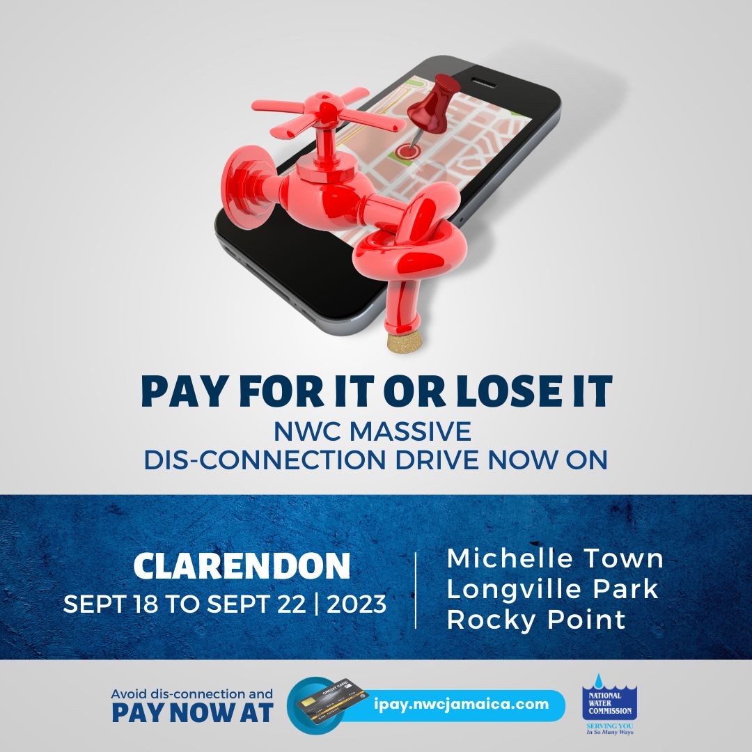 NWCjam's tweet image. NWC's dis-connection drive continues Sept. 18 - 22, 2023 for delinquent customers islandwide.

The NWC will be going to targeted communities to dis-connect for outstanding payments, so make arrangements to pay now! We would much rather collect than disconnect. #PayYourPart