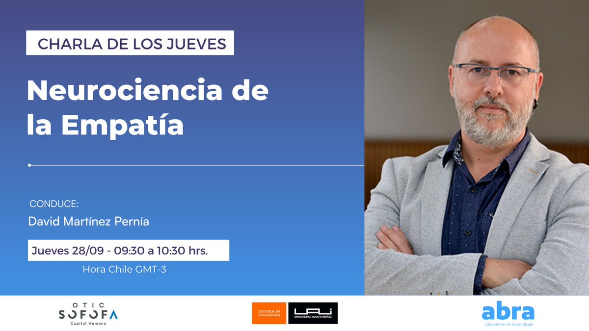 cscn_uai's tweet image. Esperando que hayan pasado unas lindas fiestas patrias, los dejamos invitados a la charla de neurociencia y empatía, que realizará nuestro Director del CSCN, David Martínez, a través del Centro Abra.

Link de inscripción e información: goo.su/Tlzdbj

¡Los esperamos!