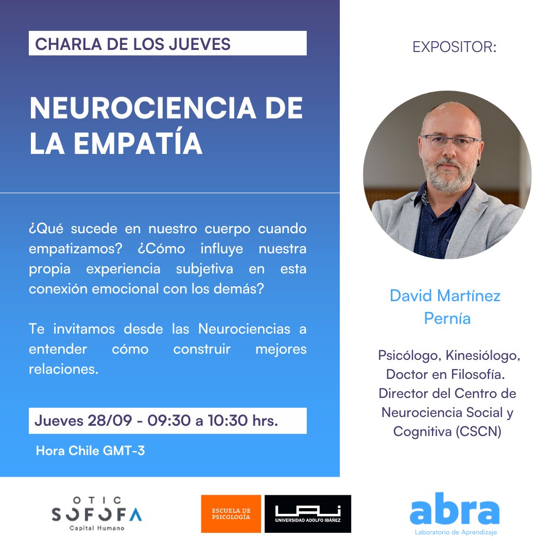 cscn_uai's tweet image. Esperando que hayan pasado unas lindas fiestas patrias, los dejamos invitados a la charla de neurociencia y empatía, que realizará nuestro Director del CSCN, David Martínez, a través del Centro Abra.

Link de inscripción e información: goo.su/Tlzdbj

¡Los esperamos!