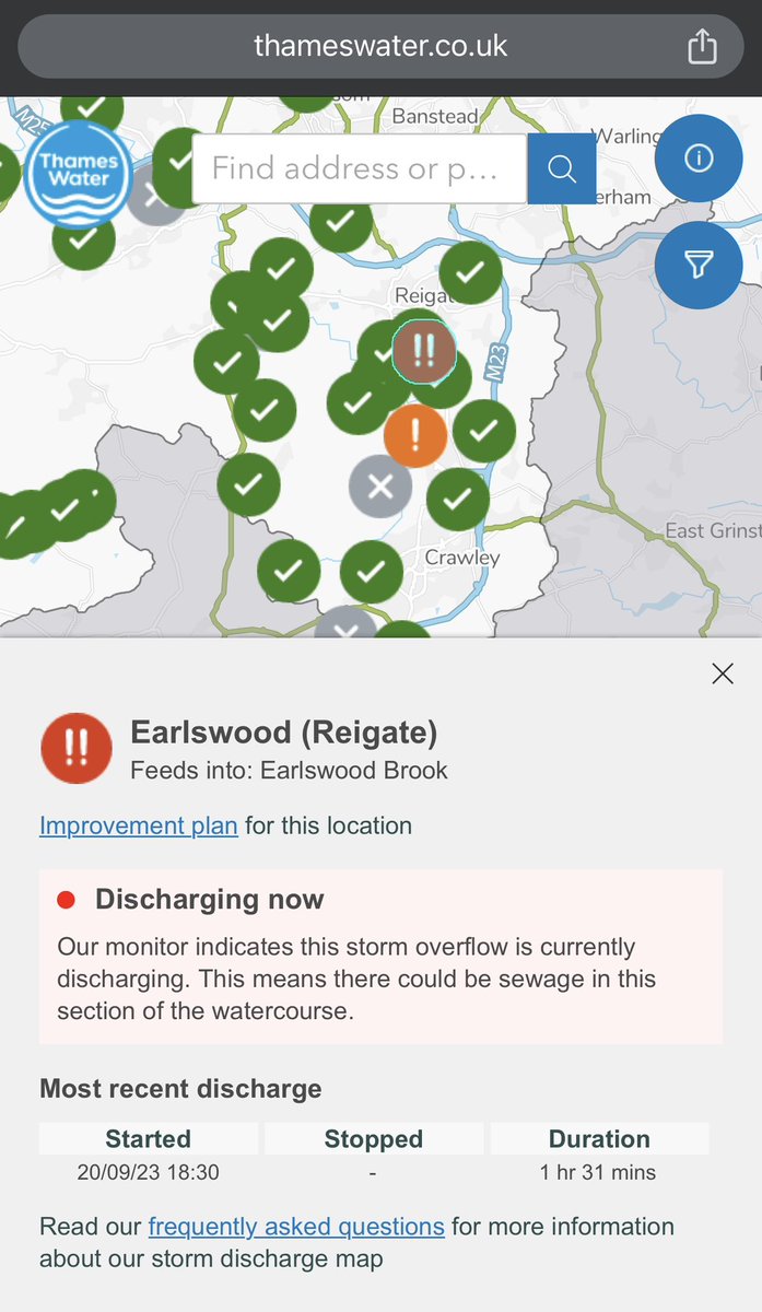 SirGeogy's tweet photo. Earlswood treatment works has started sewage discharging after 10mm of rain. https://t.co/MRVApE1CPy