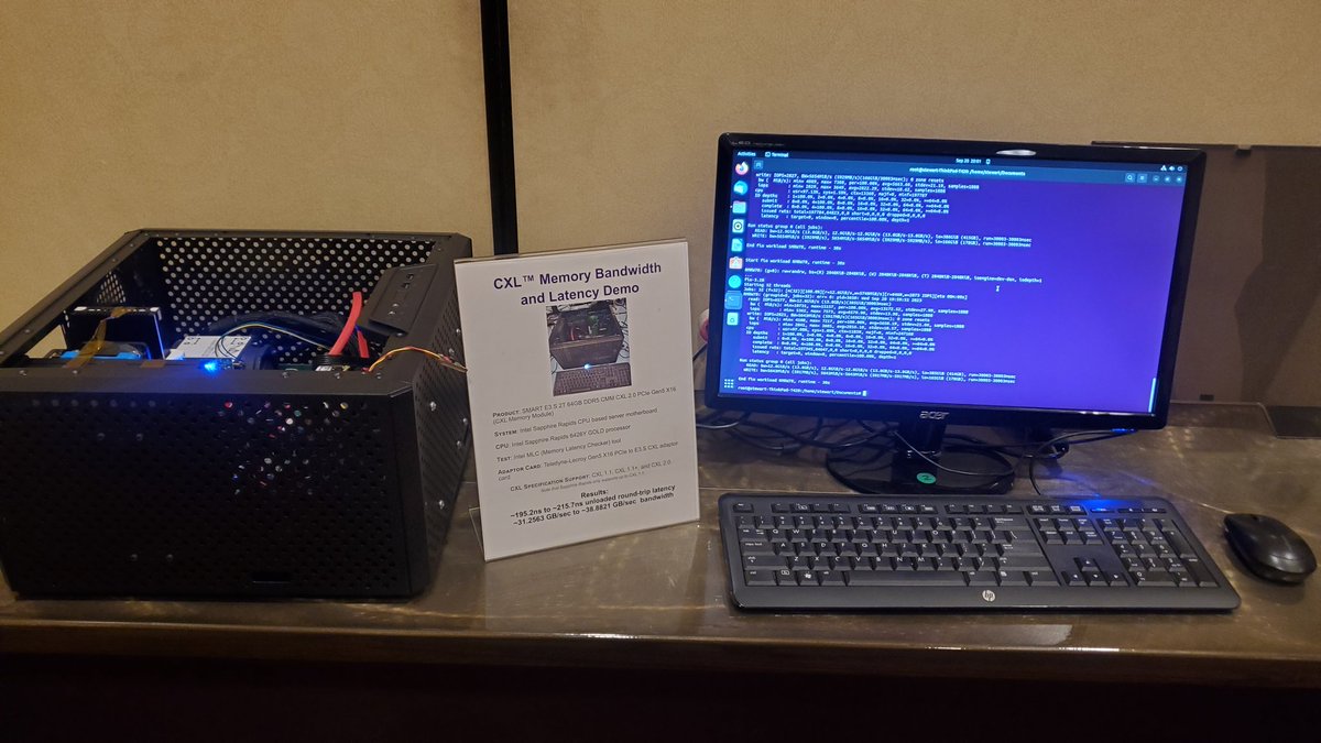 Our PM Workshop and Hackathon at <a href="/SNIASDC/">SNIA Developer Conference</a> features a #CXL memory bandwidth and latency demonstration today in Salon VIII! Thanks to <a href="/SMARTM/">SMART</a> for providing the system! Drop by any time until 4 pm!