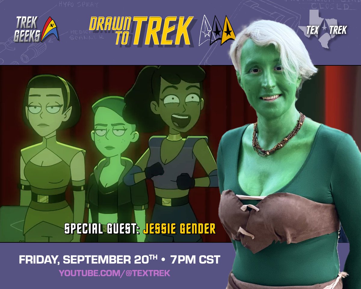 DrawnToTrek's tweet photo. Join @GeekFilter, @TXTrek &amp; special guest @jessiegender Friday at 5pm PST/7 CST as they break down #StarTrekLowerDecks "Something Borrowed, Something Green"🖖 https://t.co/OnU51nK91p