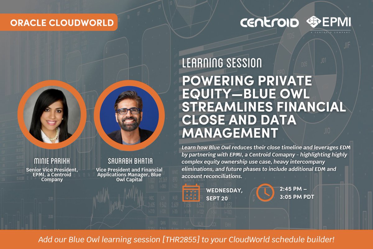 epmintelligence's tweet photo. Stop by the Elevate Theater for our 2:45 PM presentation with Blue Owl Capital and EPMI, a Centroid Company!

#CloudWorld #OracleCloud #EPM #EDM #FCCS #FinancialClose #PrivateEquity https://t.co/9G5Z9fkCcR