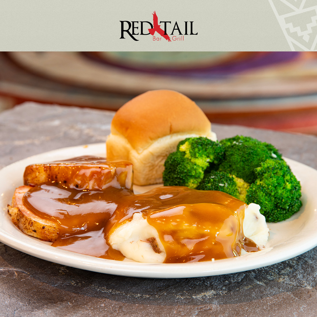 CDACasino's tweet photo. Come out and try our Porkloin dinner at the Redtail! This meal is served with mashed potatoes topped with pork gravy, chef’s choice of vegetable, a roll, and a salad to start. So delicious! https://t.co/uLmNd5F7Ip
