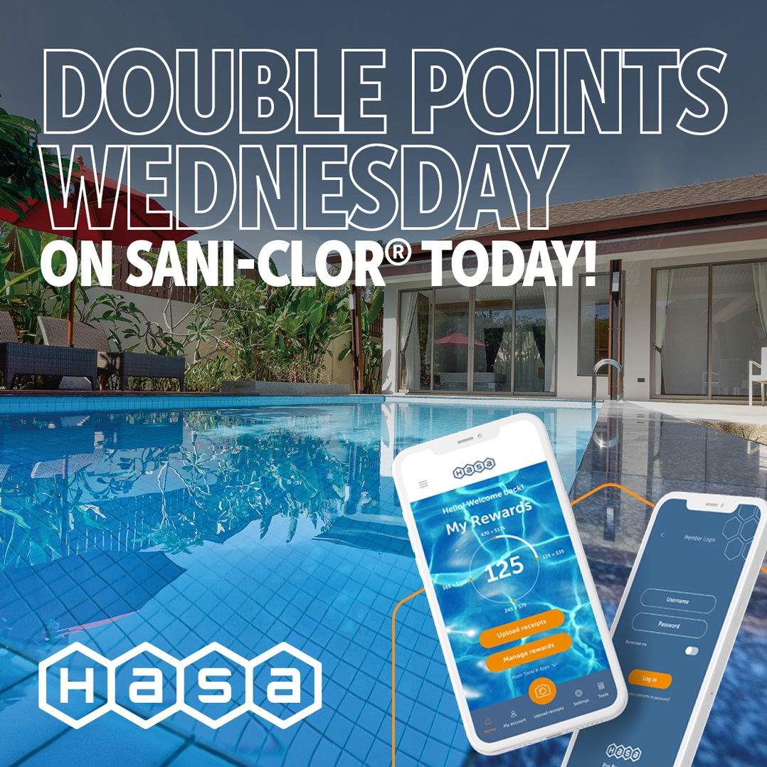 It's a unique Double Pro Rewards™ Points Wednesday. Get 2x points on all HASA Sani-Clor® purchases today only.  If you’re not a Pro Rewards™ member, search “HASA Rewards” on your phone app store and earn HASA products and merchandise or free Visa Gift cards.