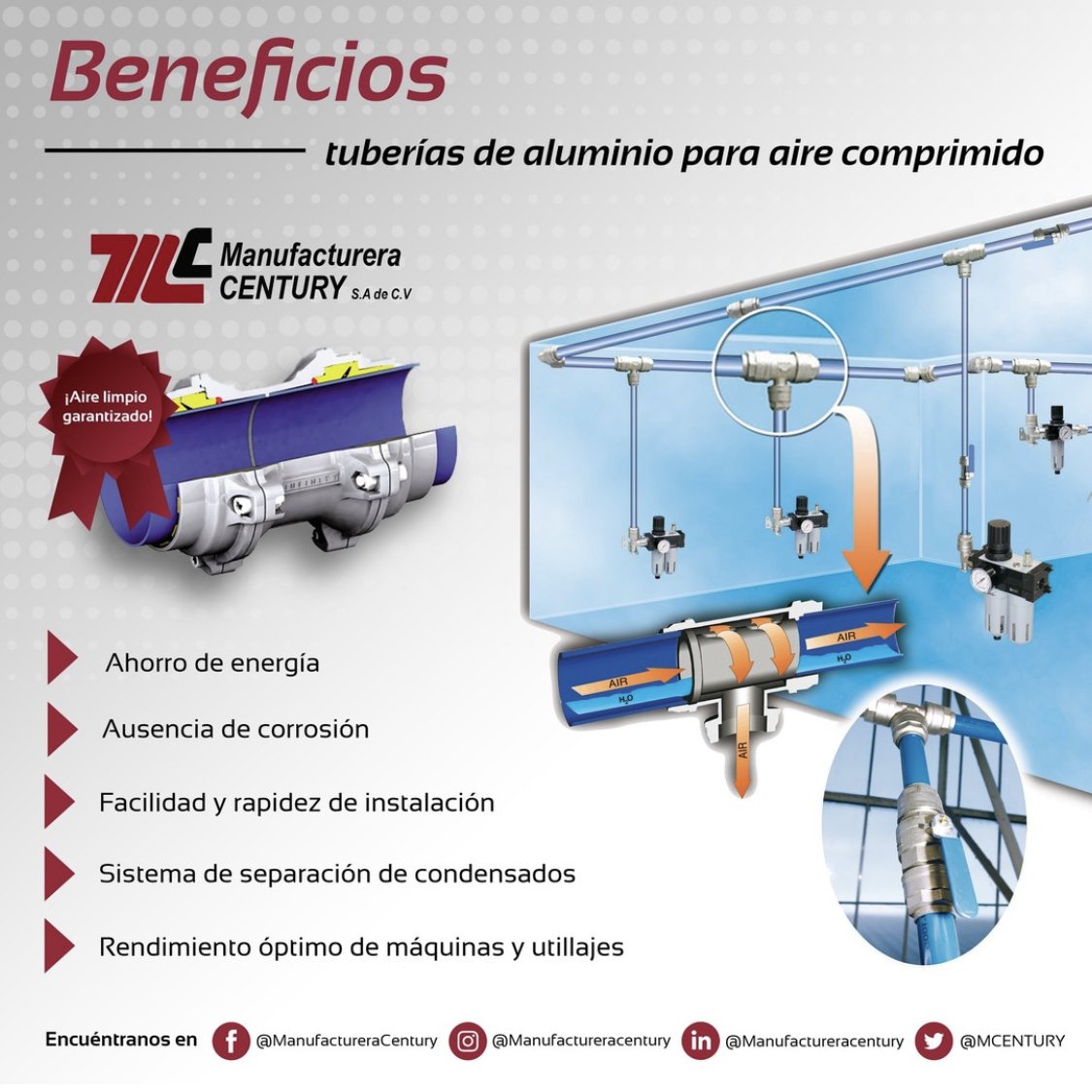 MCENTURY's tweet photo. ¿Tu tubería tiene fugas de aire y por ello tus compresores no tienen el rendimiento adecuado? 🤔 ¡En Manufacturera Century te brindamos las mejores soluciones integrales en aire comprimido! 🤝🏼 https://t.co/mIcAaxsS9P
