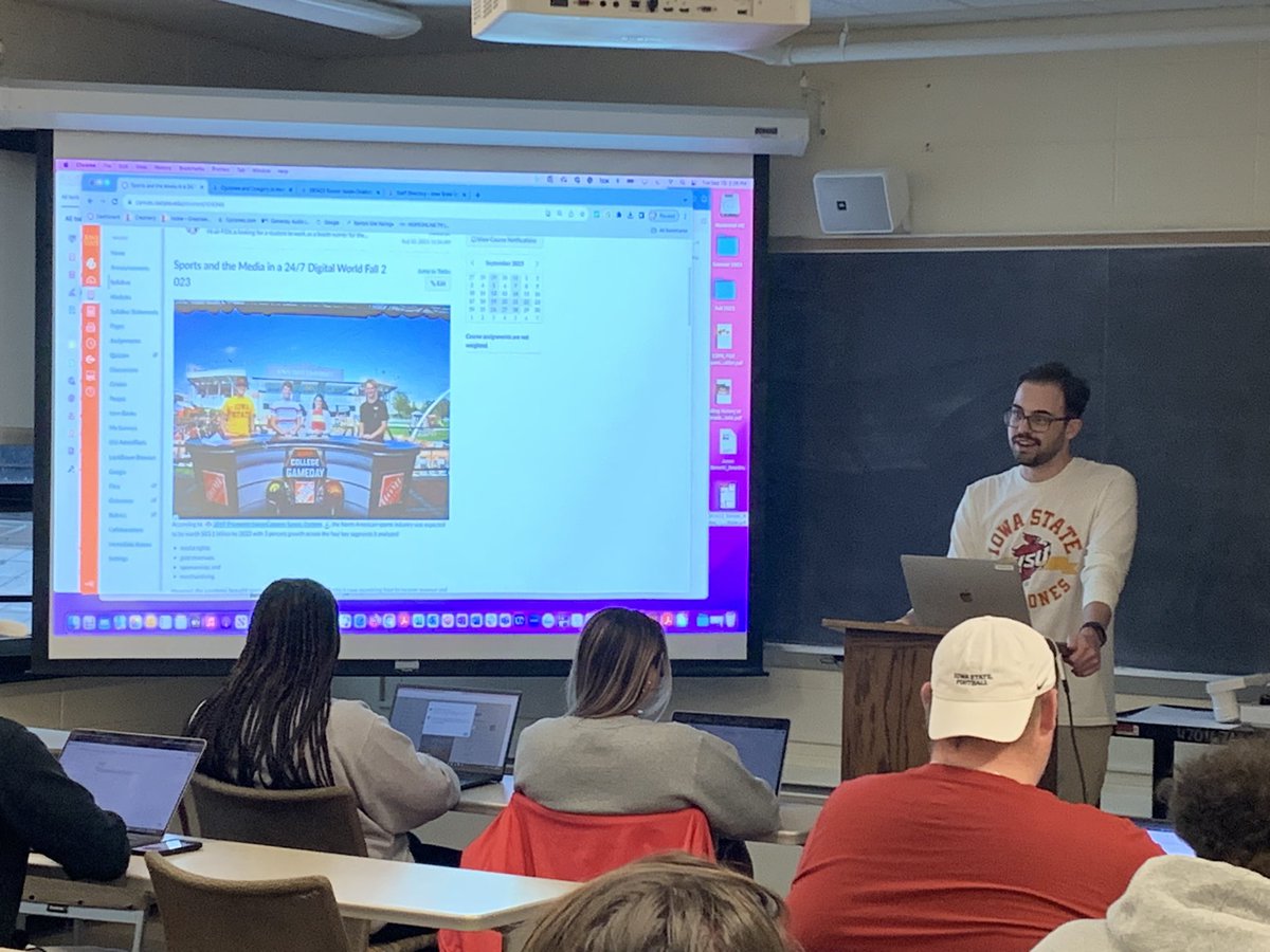 Advrt497K's tweet photo. One of the most rewarding parts of teaching is seeing students reach their career goals. Four years ago @B_Meist was an @Advrt497K student who got to tour the @CollegeGameDay set. Yesterday he returned to speak to this semester’s students about his path to working in @CycloneATH. https://t.co/3rrn2j1c96