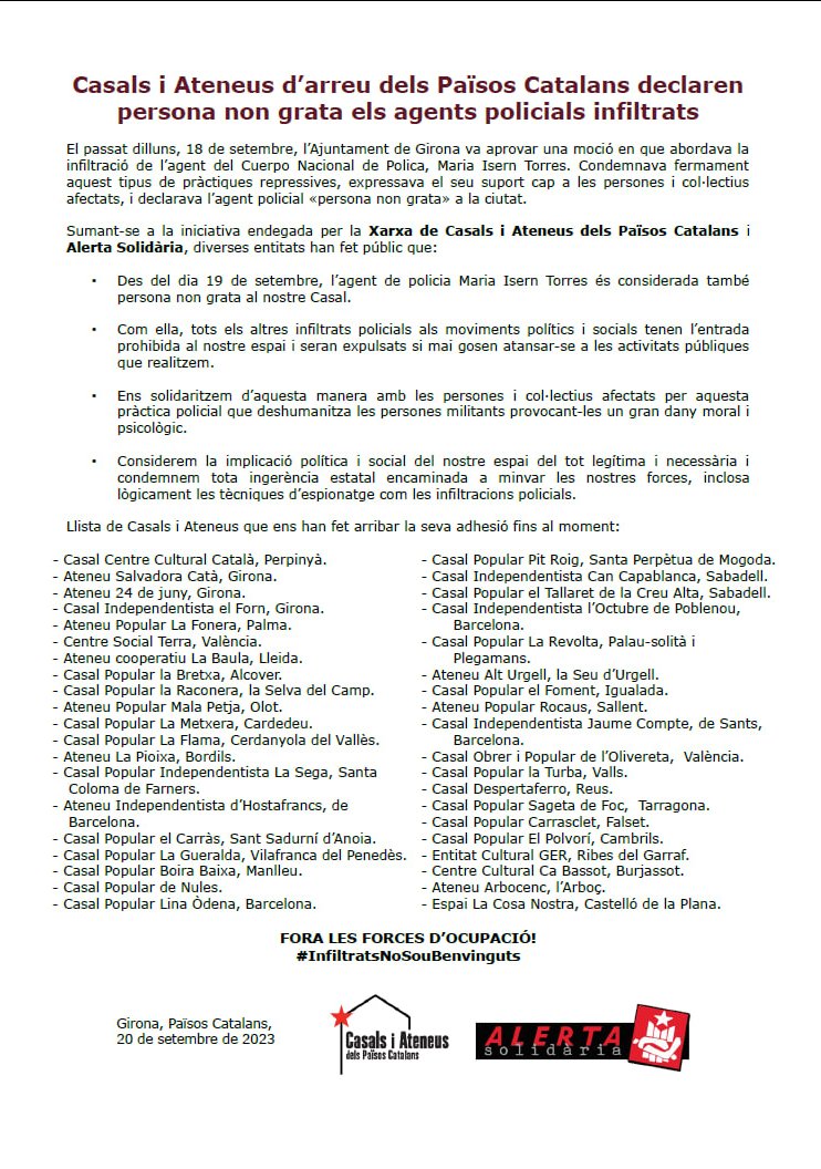 👉39 Casals i Ateneus dels Països Catalans declaren persones non grates els agents de la policia espanyola infiltrats a l'independentisme i als moviments socials

Llegeix la llista que no para de créixer!⤵️
#InfiltratsNoSouBenvinguts
FORA LES FORCES D'OCUPACIÓ!
<a href="/CasalsiAteneus/">Casals i Ateneus</a>