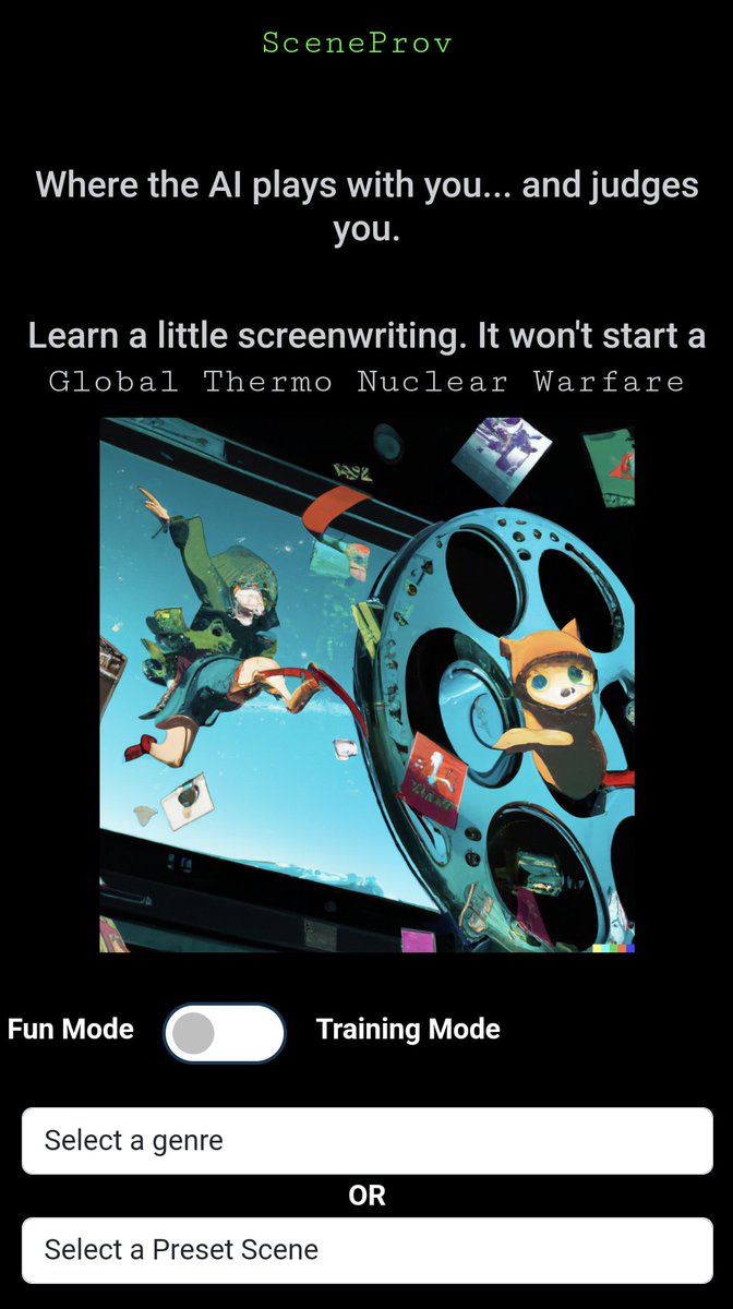 ScriptReaderAI's tweet image. Want to improve your screenwriting while playing improv with AI?
SceneProv now has training mode with different goals (dialogue, subtext, conflict, etc.)
Try it out. AI then tells you how you did and how to get better. scriptreader.ai/game.php
#screenwriting #AI