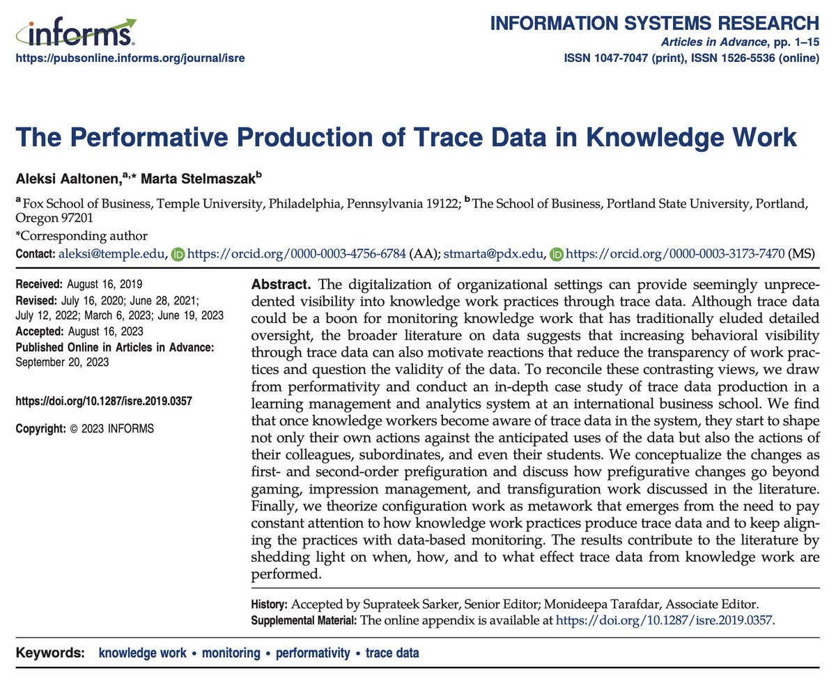 "The Performative Production of Trace Data in Knowledge Work" is out in ISR! We study with @martastrosa how knowledge workers shape trace data from their work and show that monitoring through trace data motivates them to engage in a new kind of metawork. doi.org/10.1287/isre.2…