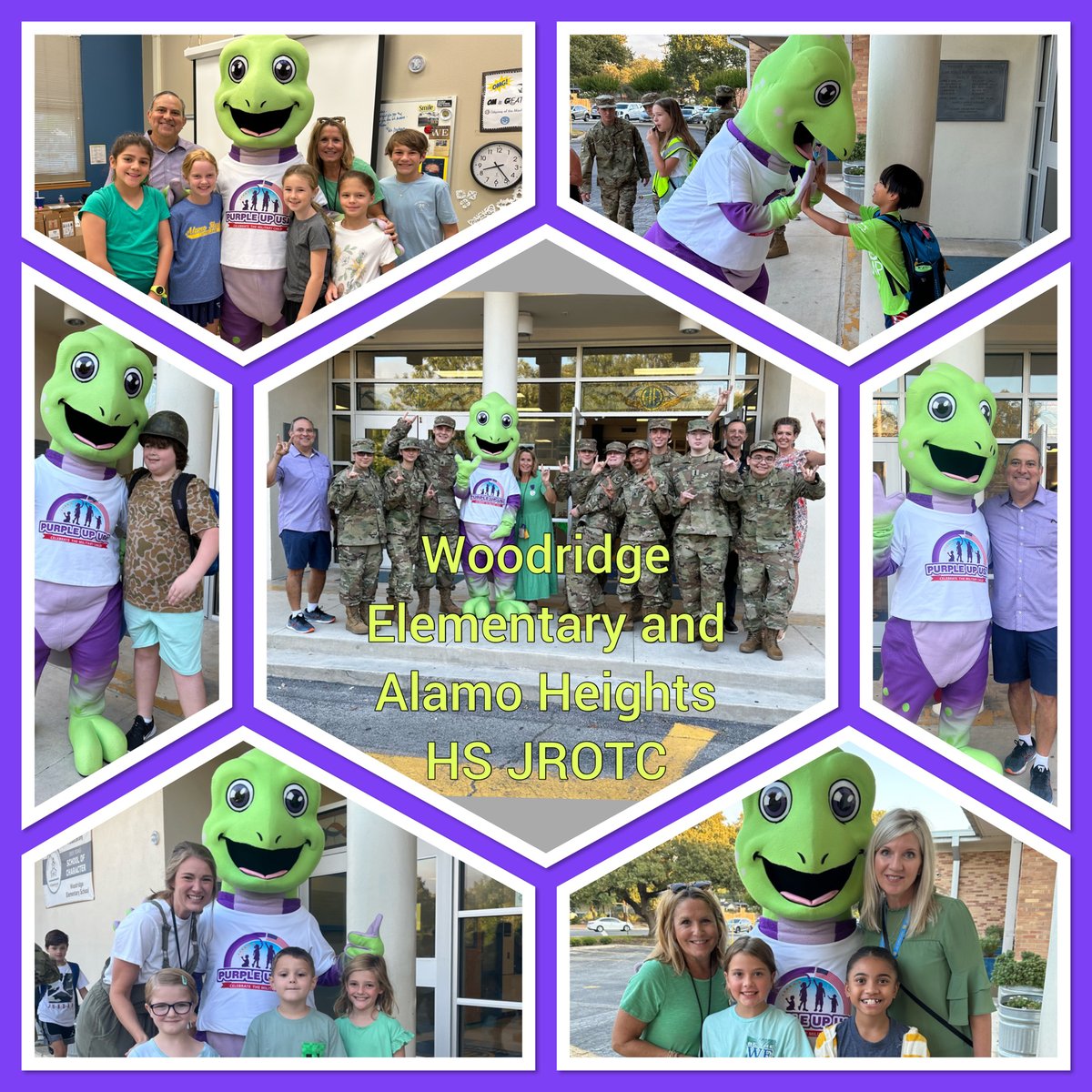 PurpleUpUSA's tweet photo. CAMO had a wonderful morning visiting Woodridge Elementary School and hanging out with the JROTC! Celebrating the military child and welcoming all the children to school! CAMO even made their news! @AHISD @purpleupusa https://t.co/86lNLwvPoz