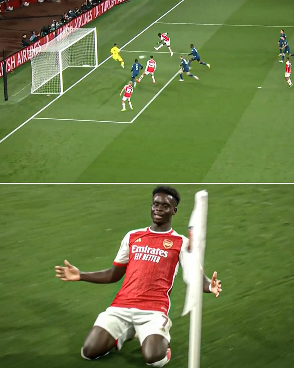 ESPNFC's tweet photo. SAKA SCORES HIS FIRST-CAREER UCL GOAL 🌟 https://t.co/pPljOZ1ZvC