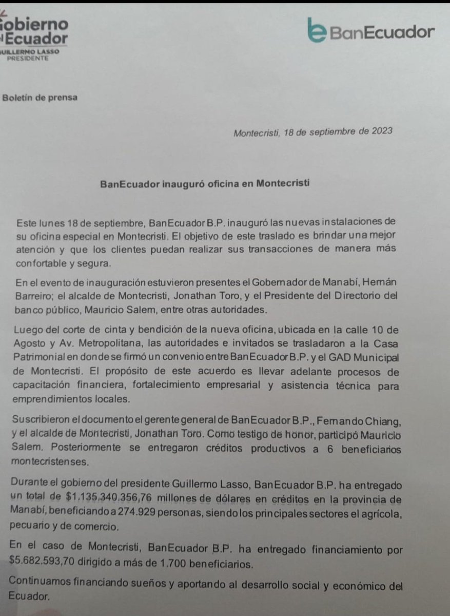 pochoharbEC's tweet photo. Plata, Persona y Paredes: las 3 claves de @BanEcuadorBP para atender a Manabí
Plata: 1135 Millones de dólares han recibido en créditos con facilidades y buenas tasas, el pequeño productor y emprendedor manabita.
Persona: los altos funcionarios del Banco con Mauricio Salem y Fernando Chang, está siempre presentes en la Provincia de Manabí atendiendo personalmente las necesidades de sus usuarios.
Paredes: BanEcuador acaba de estrenar sus nuevas y funcionales oficinas en Montecristi para facilidad de sus usuarios. La artesanía y el agro tienen su gran respaldo
