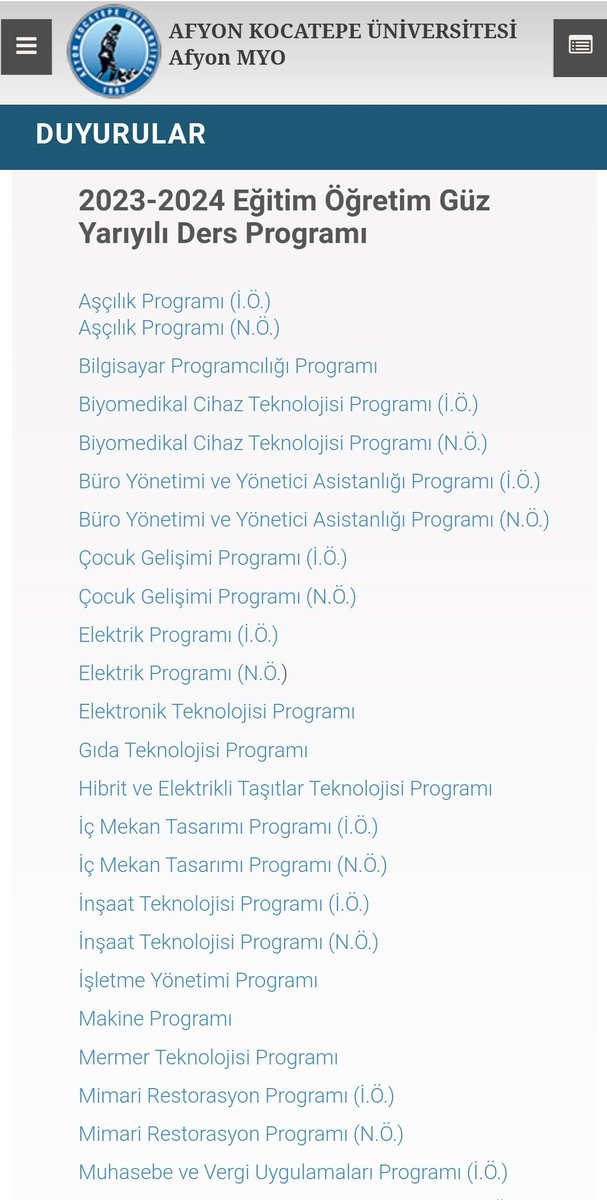 Meslek Yüksekokulumuz 2023-2024 Eğitim-Öğretim Güz Yarıyılı ders programı Afyon MYO internet sitemizde yayımlanmıştır.