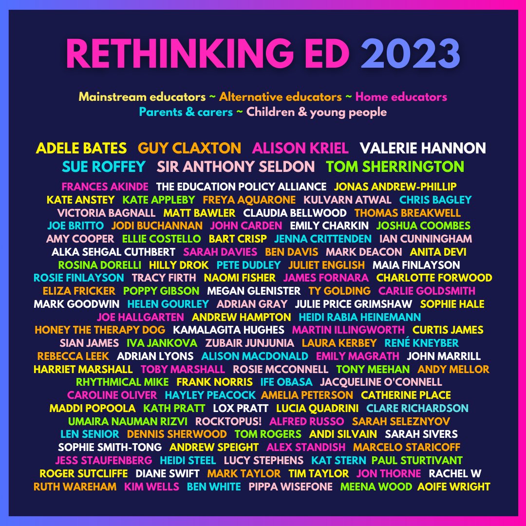 There are a *handful* of tickets left for RETHINKING ED 2023 this Saturday Please RT to help us get to the magic 500! Sat 23rd September, 9.15am-4.45pm Parliament Hill School, Camden 🔖 Programme: bit.ly/reconf23progra… 🎟️Tickets: rethinked23.eventbrite.co.uk 📽️ Video trailer 👇