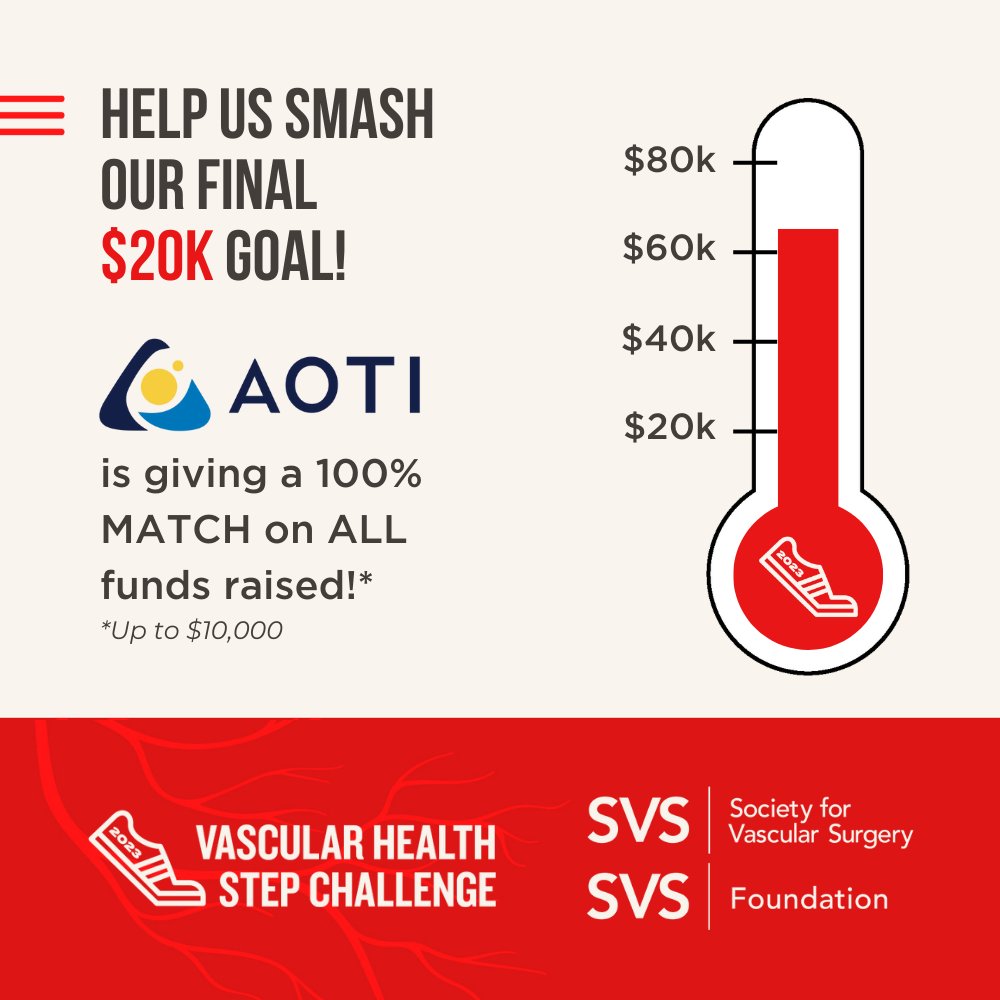 Vascular SVS (@vascularsvs) on Twitter photo HUGE NEWS! Our incredible sponsor, <a href="/aotiltd/">AOTI</a>, has pledged to match every dollar up to $10,000 raised in the last 10 days of the campaign. That means if you donate now, your impact will double! Join us in thanking our sponsor & help us smash our goal today!
charityfootprints.com/Vascular/?cf_s… HUGE NEWS! Our incredible sponsor, <a href="/aotiltd/">AOTI</a>, has pledged to match every dollar up to $10,000 raised in the last 10 days of the campaign. That means if you donate now, your impact will double! Join us in thanking our sponsor & help us smash our goal today!
charityfootprints.com/Vascular/?cf_s…