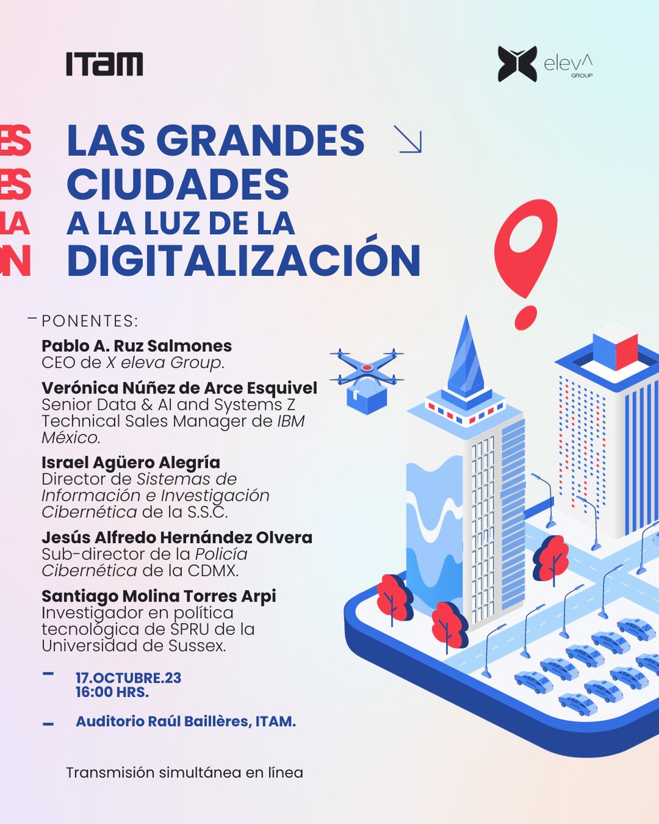 ¿Cuáles son los logros y retos que la tecnología ha traído a las grandes ciudades? 

Esta es la pregunta guía que abrirá el micrófono a estos expertos en materia para responderla. 

No se pierdan la oportunidad de participar en este gran evento. 

El acceso es libre.