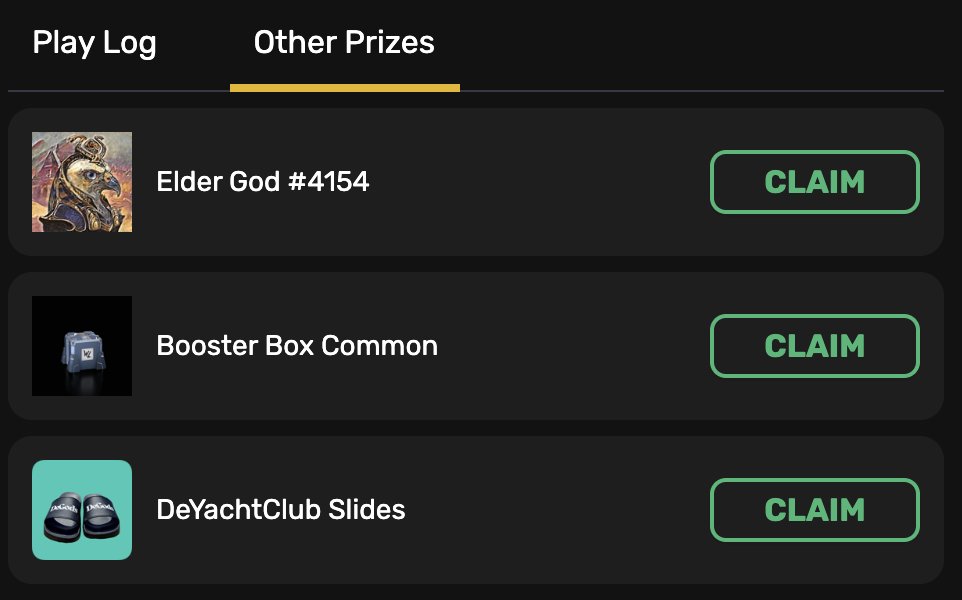 Won a few things on PP.  3 winners
1st winner gets their choice then 2nd, etc.

RT + Follow to enter.  Check back in 24 hours.

<a href="/InfiniGods/">InfiniGods⚡️</a> Elder God #4154
<a href="/WreckLeagueHQ/">Wreck League</a> Booster Box
<a href="/DeYachtClubNFT/">DeYachtClub</a> Slides

parlor.de.xyz/prizes