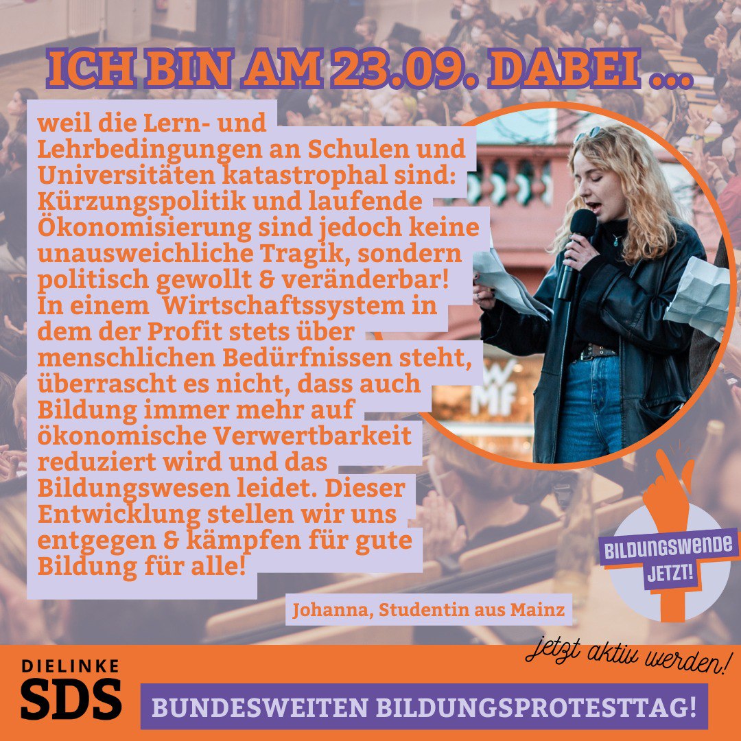 linkesds's tweet photo. Schüler*innen & Studierende aller „Lernfabriken“ - Vereinigt euch!
Am 23.09. ist bundesweiter #Bildungsstreik!
#bildungswende #bildungsprotest2023 #schulemussanders #unimussanders #bildungskrise #bildung #bildungsprotest #bildungsystem #tvstud #tvl #ichbinhanna #wisszeitvg https://t.co/sjfuSqlV1k