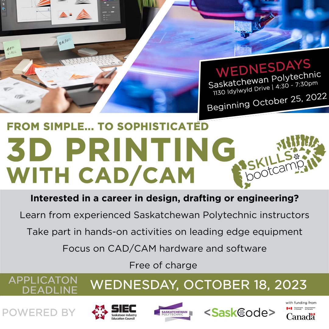 saskatooniec's tweet image. Interested in design, drafting or engineering?
Apply now for the 3D Printing bootcamp and take your designs from simple to sophisticated.
Visit saskatooniec.ca/3Dprinting for more info!