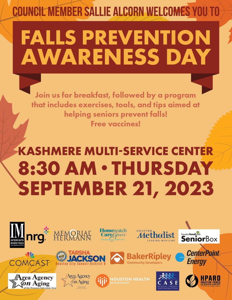 Houston Complete Communities (@completehouston) on Twitter photo Did you know that falls are the leading cause of fatal and nonfatal injuries among seniors?
Join Council Member <a href="/salliealcorn/">Sallie Alcorn</a> for the annual Falls Prevention Awareness Day at Kashmere Multi-Service Center! Did you know that falls are the leading cause of fatal and nonfatal injuries among seniors?
Join Council Member <a href="/salliealcorn/">Sallie Alcorn</a> for the annual Falls Prevention Awareness Day at Kashmere Multi-Service Center!