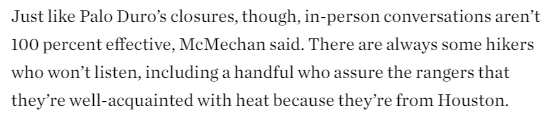 I wrote about heat deaths in state + national parks, for @TexasMonthly (!!!) My favorite part: People from Houston confidently telling rangers that they'll be fine, actually, no matter how hot it is. texasmonthly.com/travel/texas-p…