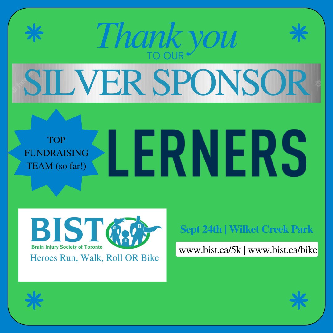 THANKS to our Run, Walk, Roll OR Bike Silver Sponsor @LernersLLP - led by Hero Alden Dychtenberg - who are also the TOP FUNDRAISERS of our event … so far that is! The rest of you HEROES - raise $ to for FREE Services for people living with #braininjury: bist.ca/5k