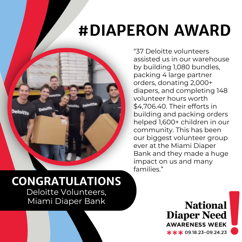 NDBN is proud to present the #DiaperOn Award to Melissa Hozgrefe (@JLPensacola), Emily Mautz (Junior League of Tampa), and the Deloitte Volunteers (@Mia_DiaperBank) for their work to #EndDiaperNeed! Congratulations to Melissa, Emily, and the Deloitte volunteers!