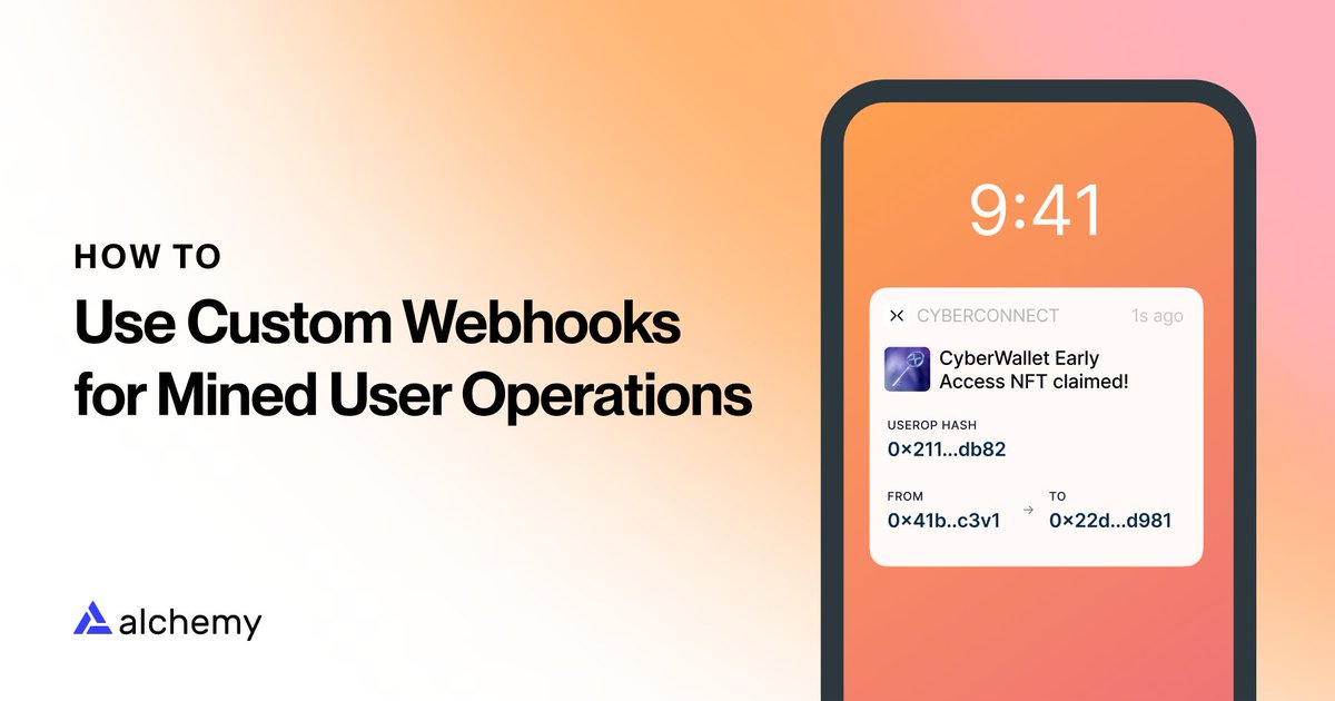 Alchemy's tweet image. 1/ 🚀 How to Track Mined User Operations (UOs) with Custom Webhooks
🧵 Follow this guide to:
1️⃣ Stream real-time alerts for mined UOs by Sender Address
2️⃣ Stream real-time alerts for mined UOs by UserOp hash