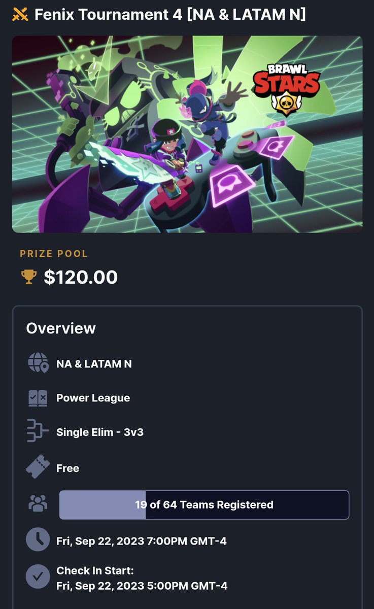 #BS | Fenix Tournament 4

Este viernes 22 tendremos nuevamente torneo de matcherino para NA &amp; LATAM N, aún pueden inscribirse en el siguiente link:

matcherino.com/t/fenixtournam…