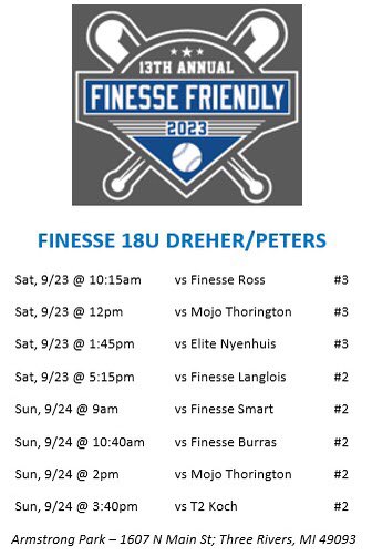 Come check us out this weekend at Armstrong Park in Three Rivers, MI as we kick off the Fall season!!  <a href="/FinesseOrg/">Finesse Fastpitch</a> <a href="/CollegeBDJocks/">College Bound Jocks</a> <a href="/ExtraInningSB/">EXTRA INNING SOFTBALL</a>
