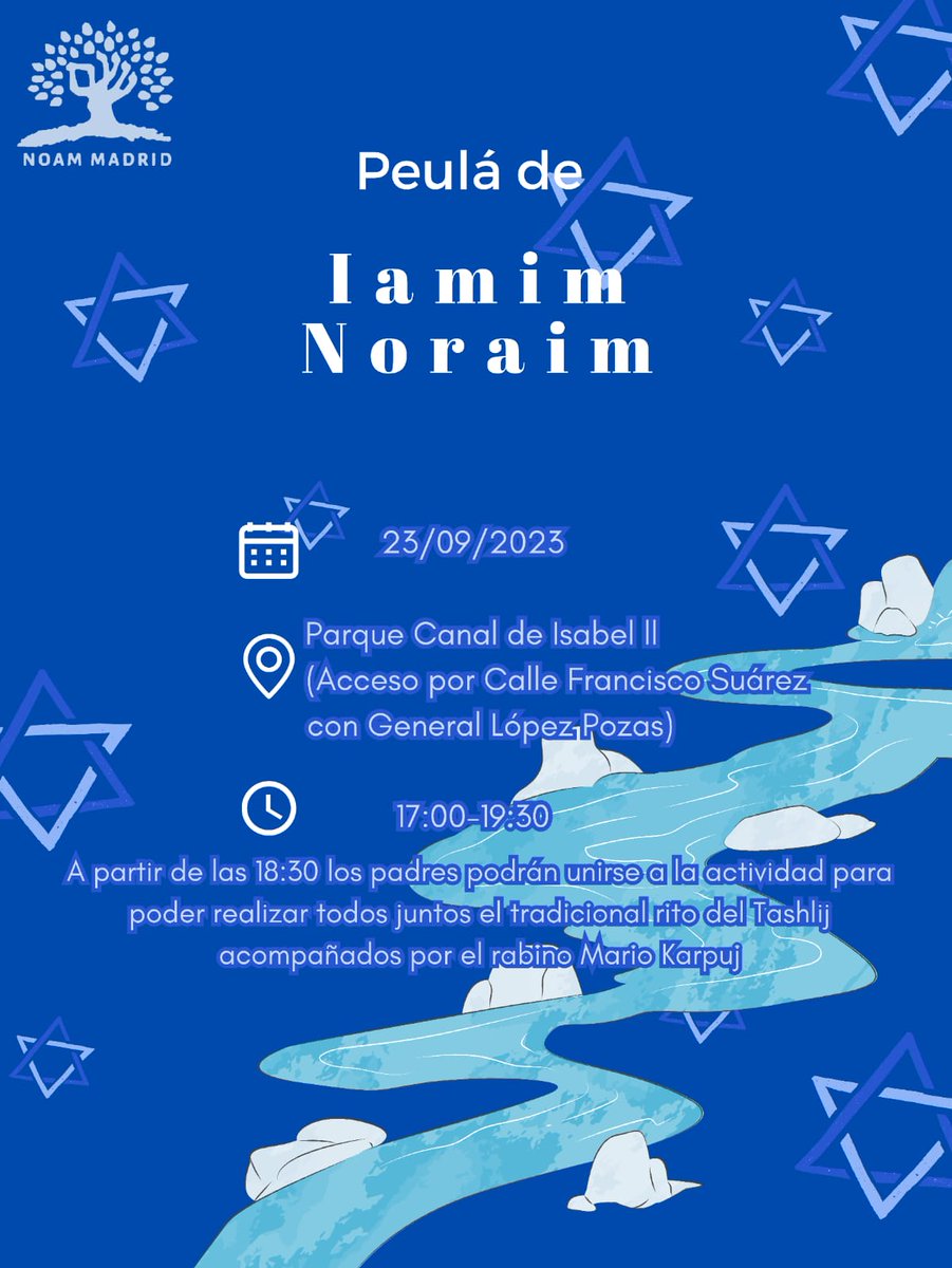 Actividad especial de Tashlij en Noam. La realizaremos el sábado a las 17 en el Canal de Isabel II. El lunes, además, tendremos peulá especial para los chicos durante los servicios de Minjá y Neilá de Iom Kipur. bit.ly/3rdFByh #judaismo #iomkipur #tashlij #Madrid #Espana