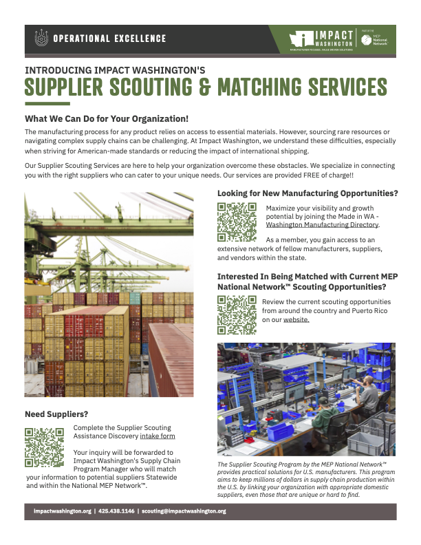 Discover our new pilot program empowering @NIST_MEP center in 3 key areas: Supply chain resilience, Workforce Development, and Tech upgrades for SMEs. Our program is LIVE! Explore our FREE Supplier Scouting and Matching services for manufacturers. #madeinWA #washingtonmfg