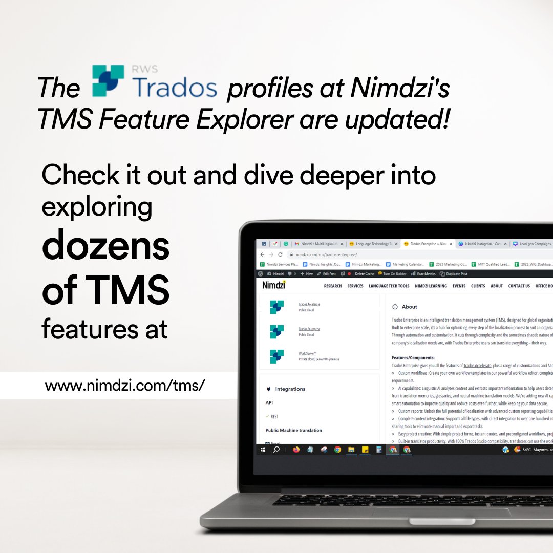 Nimdzi_Insights's tweet photo. Kudos to Camille Avila, Product Marketing Manager at @RWSGroup, who updated Trados' profiles in Nimdzi's TMS Feature Explorer.   

🚀Trados Accelerate for end-to-end translation management. 
🏢Trados Enterprise for tailored solutions.  

Dive in at https://t.co/V9X7IFAWom https://t.co/3AO7dqUBDr