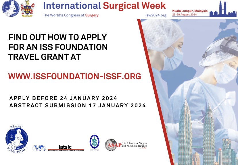 The ISS Foundation invites surgeons & anaesthetists worldwide to apply for Travel Awards to attend International Surgical Week 2024 in Kuala Lumpur Malaysia. 

👉 apply now issfoundation-issf.org/application

#ISW2024KualaLumpur #ISW2024 #surgicalcongress #some4surgery #surgtweeting #isssic