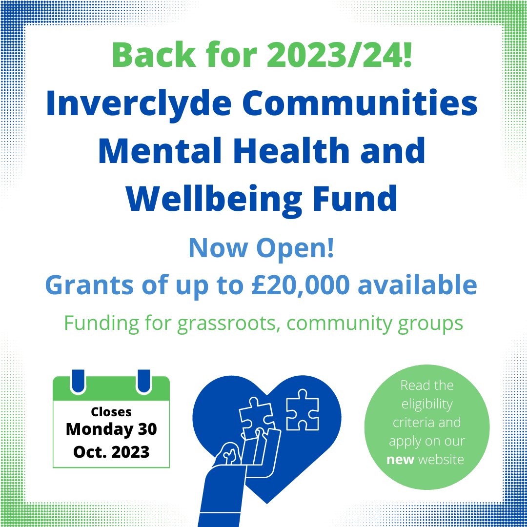 💸❗ Funding announcement! The Inverclyde Communities Mental Health and Wellbeing Fund is back for 2023-24, as part of the Scottish Government’s Recovery and Renewal Fund and the Mental Health Transition and Recovery Plan! Read more and apply: cvsinverclyde.org.uk/our-support/in…