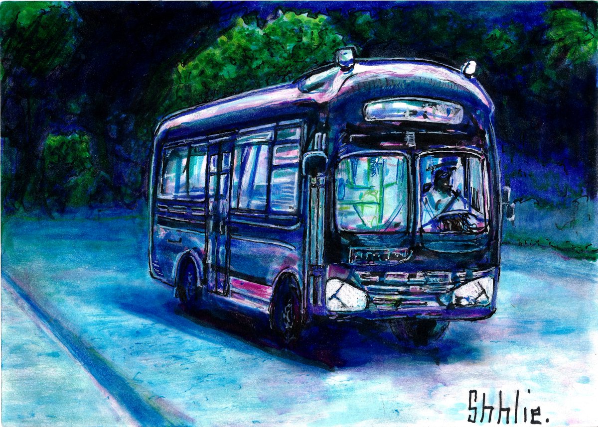 finally finished Nightbus. lil 5" x 7" drawing.  i'm proud enough of this to offer prints. was trying to capture that feeling of being in the city late night when everything is vibrantly alive and empty.