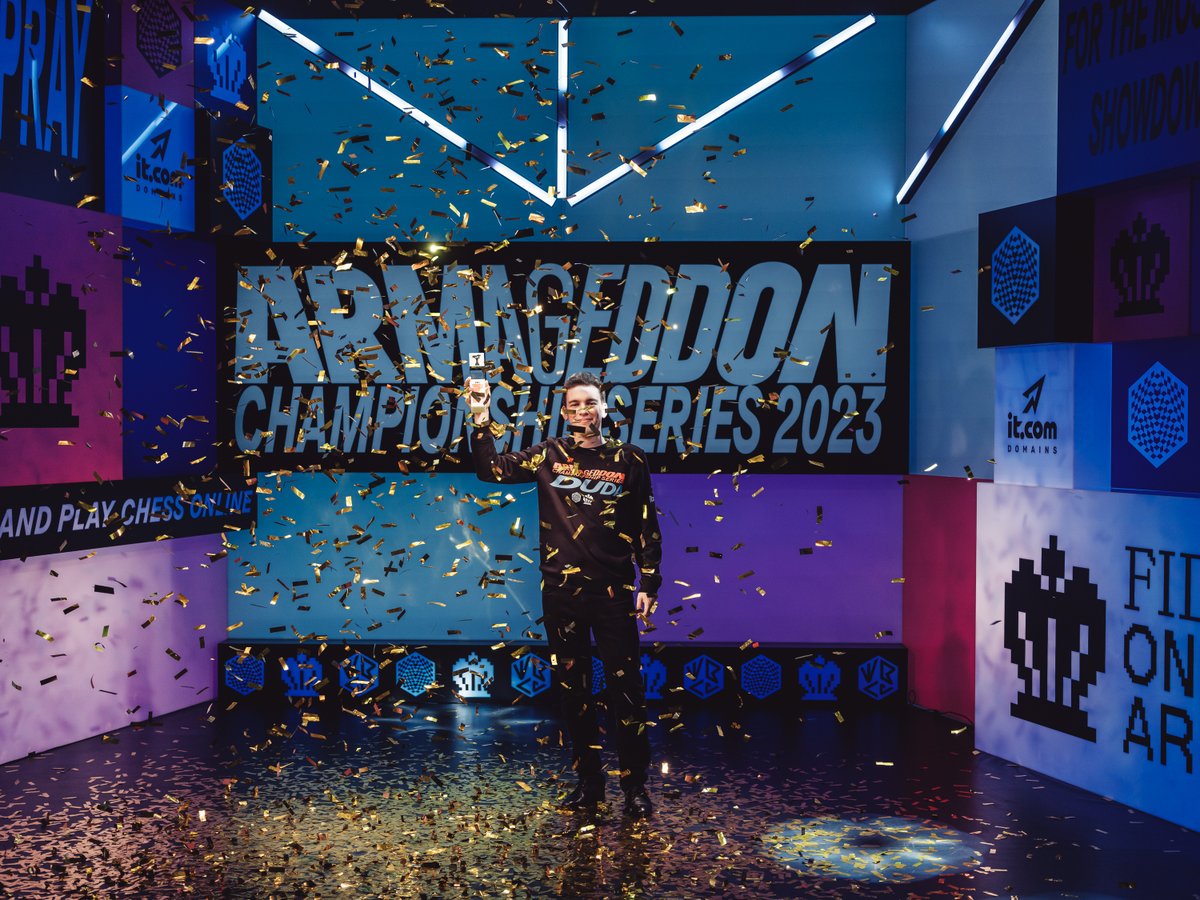 theworldchess's tweet photo. Moments of glory for the first #WorldChessArmageddon Champion, @GM_JKDuda 🎊 https://t.co/butI9517Dw