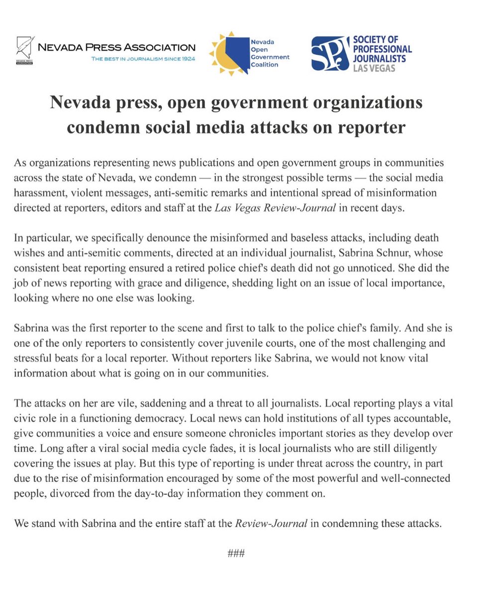 nevadapress's tweet photo. Nevada Press and other Nevada Open government organizations condemn social media attacks on reporter https://t.co/H77KWqtcMj