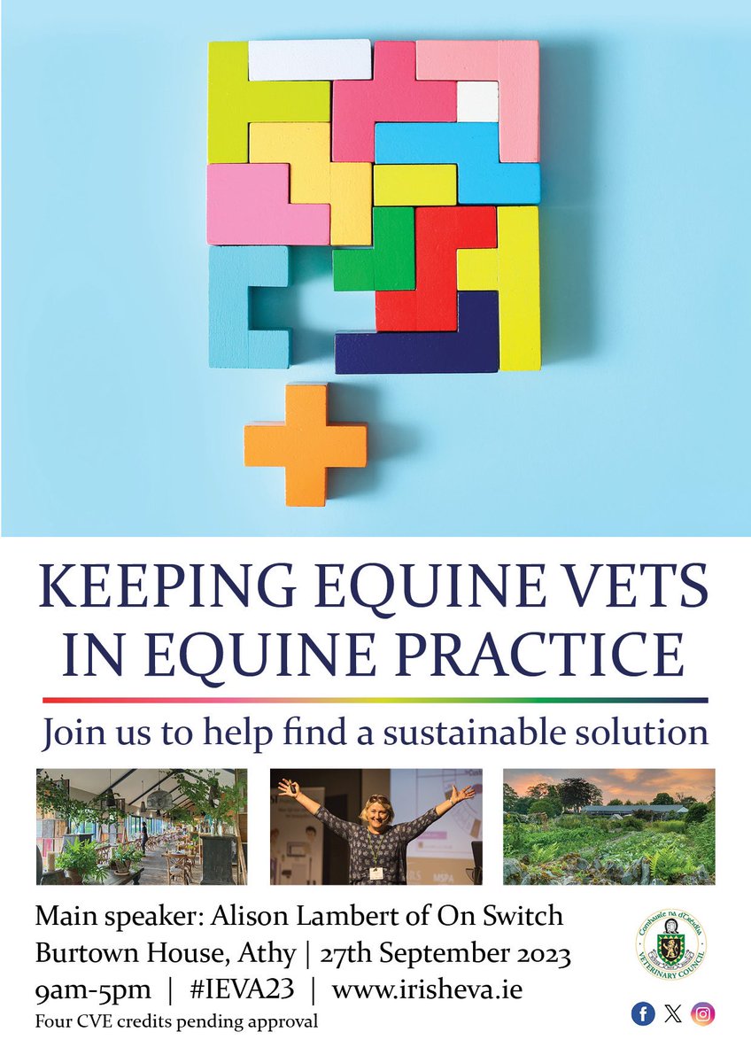 Am delighted to be working with @Irishequinevet on this event. 

Tickets are limited and going fast! Approval for 4 CVE credits by VCI has been secured.  For more details and registration please visit ieva.ie
 
#veterinarymedicine #equinehealth