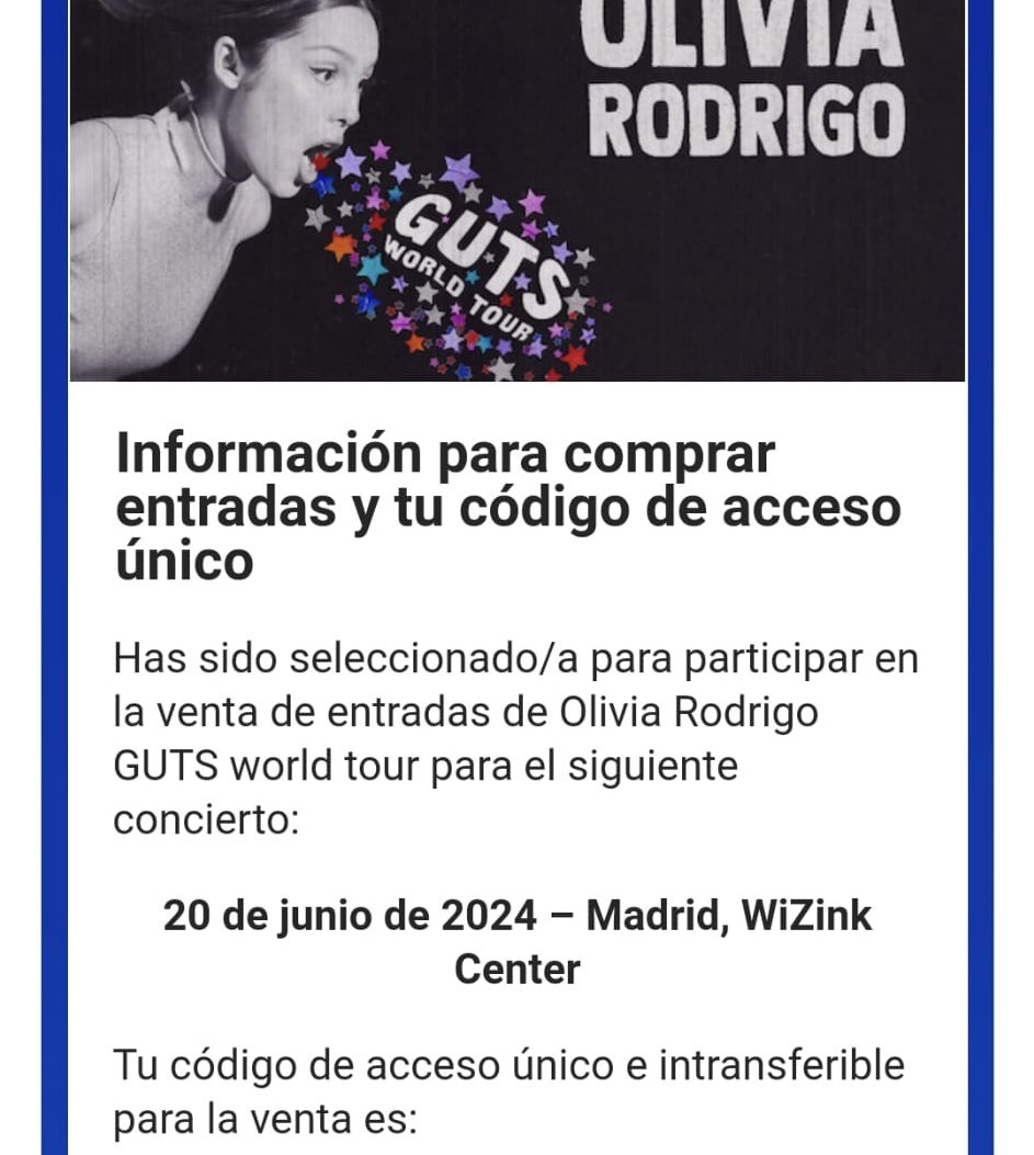 ser la elegida de dios nivel: tener dos códigos para la compra de entradas de <a href="/oliviarodrigo/">Olivia Rodrigo</a> en madrid
#OliviaRodrigo 💜