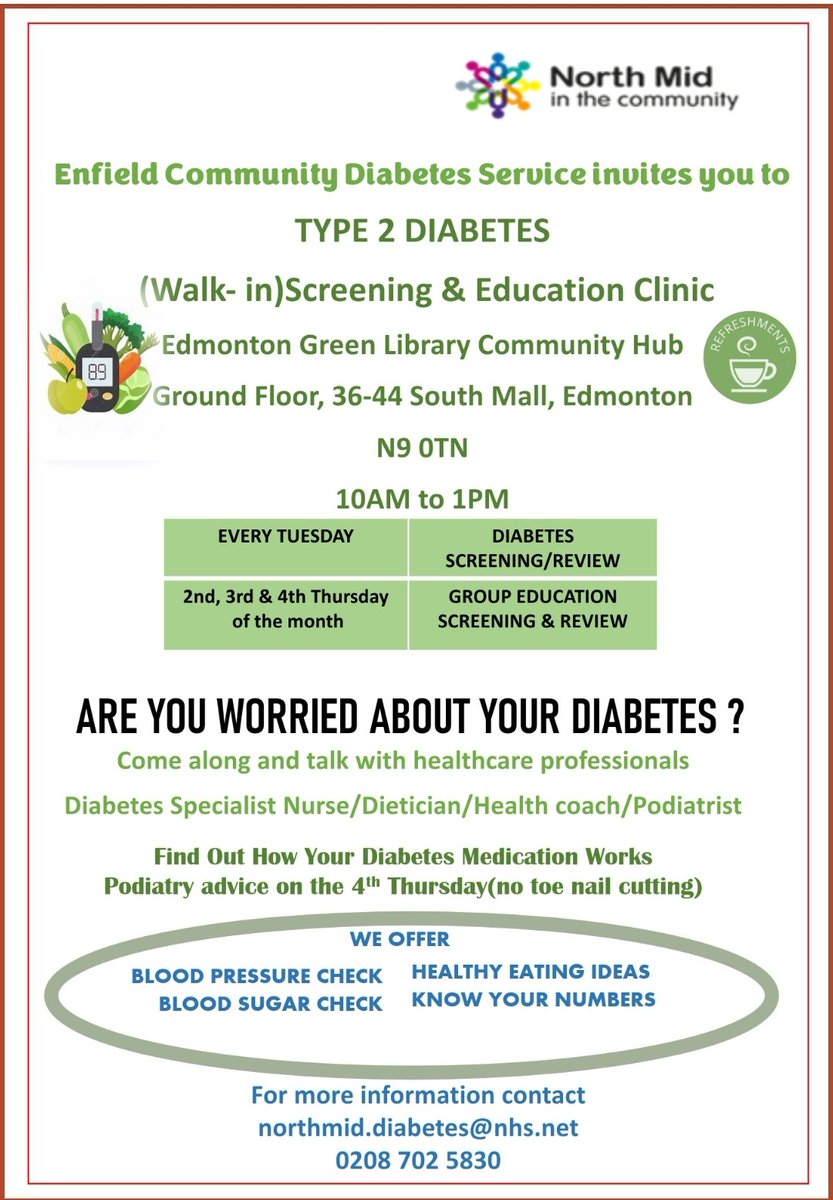 Nads_Roberts's tweet photo. The community diabetes service in Enfield provides screening and diabetes education to the  general public. 
We look forward to meeting you! https://t.co/jGq2yFkm5j