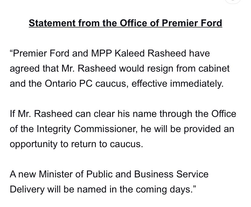 #BREAKING - Kaleed Rasheed resigns from cabinet after he gave the integrity commissioner the incorrect info regarding a trip to Las Vegas he took with a developer who later benefitted from the Ford government greenbelt land swap. Rasheed had said he provided the wrong date of the…