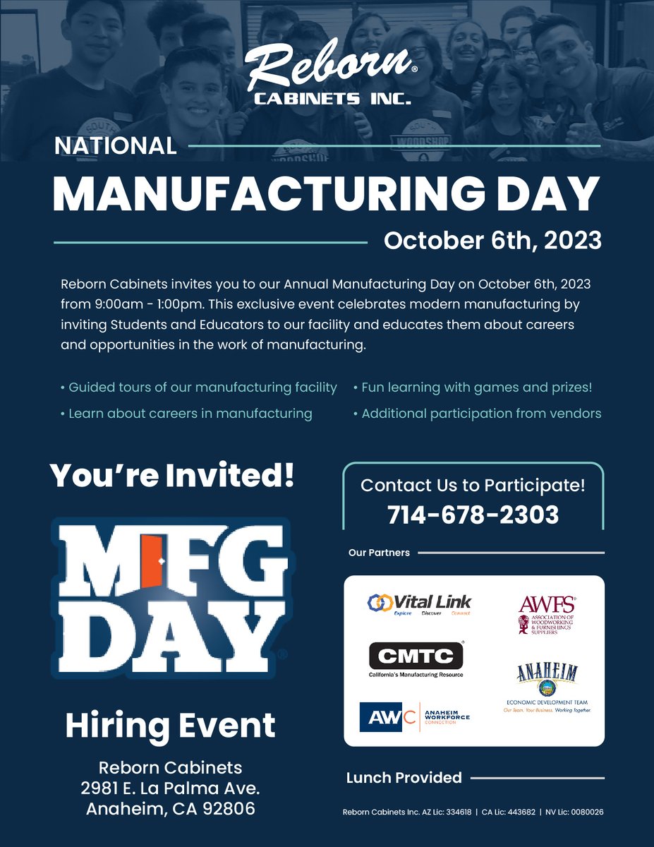 AWConnection's tweet image. Be inspired, network and look into career opportunities at Manufacturing Day at Reborn Cabinets. Learn about the industry, various careers and career development programs. Go manufacturing workforce!
#AWConnection #RebornCabinets #MFGday #HiringEvent