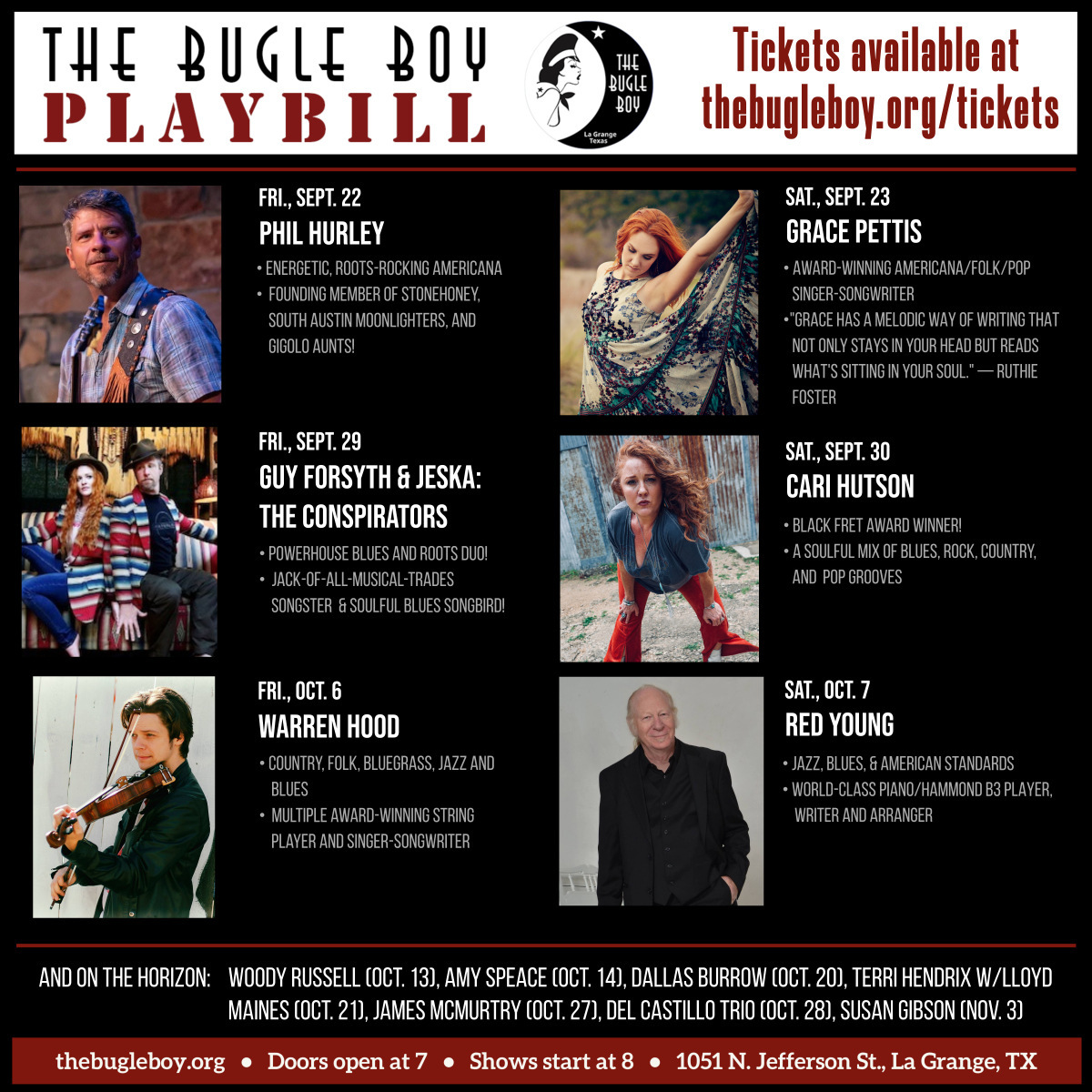 Join us for great upcoming shows in our intimate converted WWII Army Barracks theater in La Grange!

Shows 8-10, Doors 7  thebugleboy.org/tickets

#lagrangetx #livemusic #listeningroom
