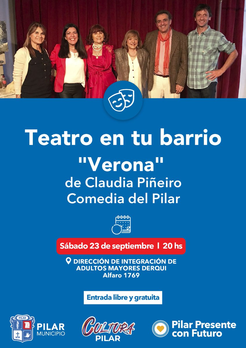 Pilar_Cultura's tweet photo. 🎭👉Este sábado te esperamos en Presidente Derqui para una nueva función de nuestro ciclo #TeatroEnTuBarrio.

🇮🇹 La @ComediaDelPilar presenta su obra"Verona", una creación de la prestigiosa autora pilarense Claudia Piñeiro, con dirección de Martín Simeoni. https://t.co/I20cHK0FE0