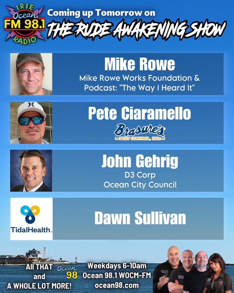 Coming up tomorrow morning! ocean98.com 
#ocean98 #ocmd #bulldogsrudeawakeningshow
#thankyouforlistening #malibussurfshop #throwbackthursday #buxyssaltydog #drydock28 #tidalhealth #d3corp #brasurespestcontrol #mikerowe #mikeroweworksfoundation #thewayiheardit