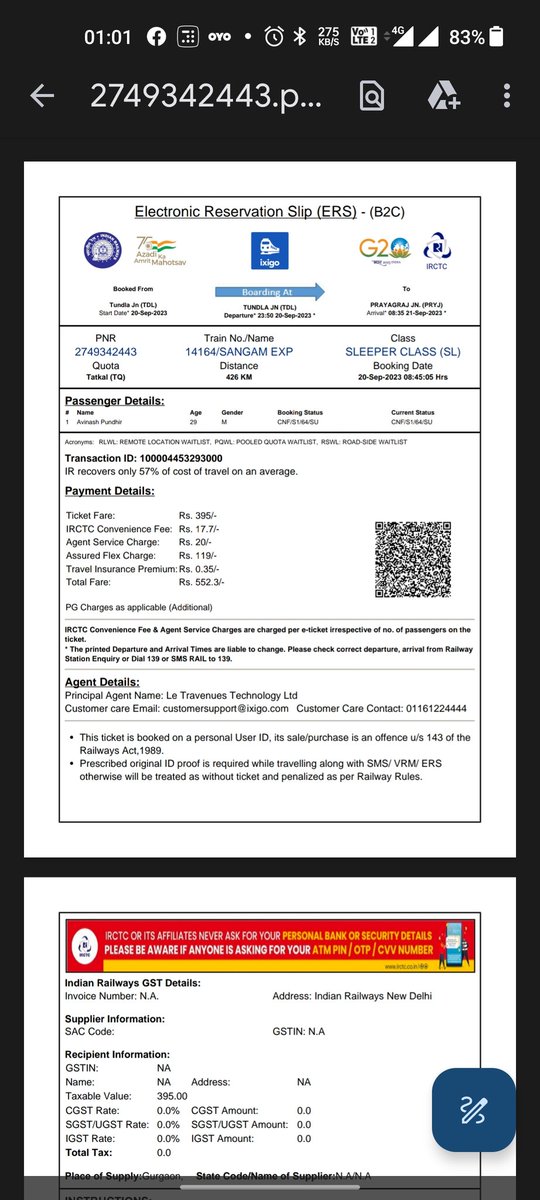 AVINASHPUNDHIR1's tweet photo. Pnr-2749342443
Sangam express 14164
Some lady has occupied my seat and neither she has shown me ticket nor vacating the seat. help me.#RailwayProtectionForce #railway #RailMinIndia #IRCTCofficial https://t.co/j2IajaQ6IC