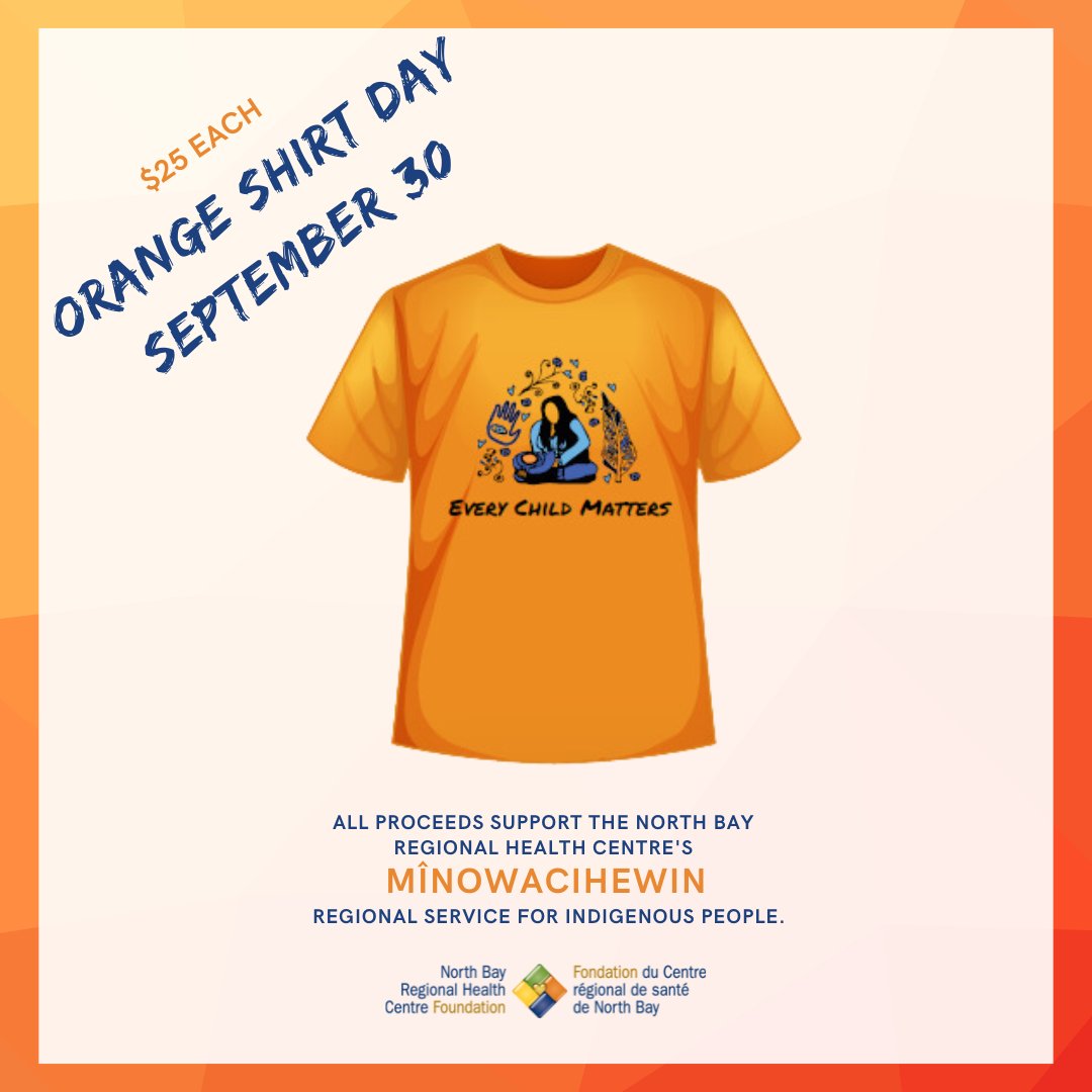 NBRHC Foundation (@nbrhcfoundation) on Twitter photo We're selling orange shirts for $25 with proceeds supporting Mînowacihewin – Regional Service for Indigenous People. The beautiful artwork on this year’s shirt is Indigenous Patient created.
Contact Shannon.Auger@nbrhc.on.ca or call our office at (705) 495-8125 to purchase. We're selling orange shirts for $25 with proceeds supporting Mînowacihewin – Regional Service for Indigenous People. The beautiful artwork on this year’s shirt is Indigenous Patient created.
Contact Shannon.Auger@nbrhc.on.ca or call our office at (705) 495-8125 to purchase.
