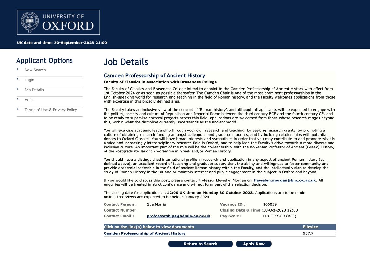 The Faculty of Classics in Oxford <a href="/oxfordclassics/">Oxford Classics Outreach</a> has just advertized the Camden chair of ancient history, in succession to Nicholas Purcell my.corehr.com/pls/uoxrecruit…